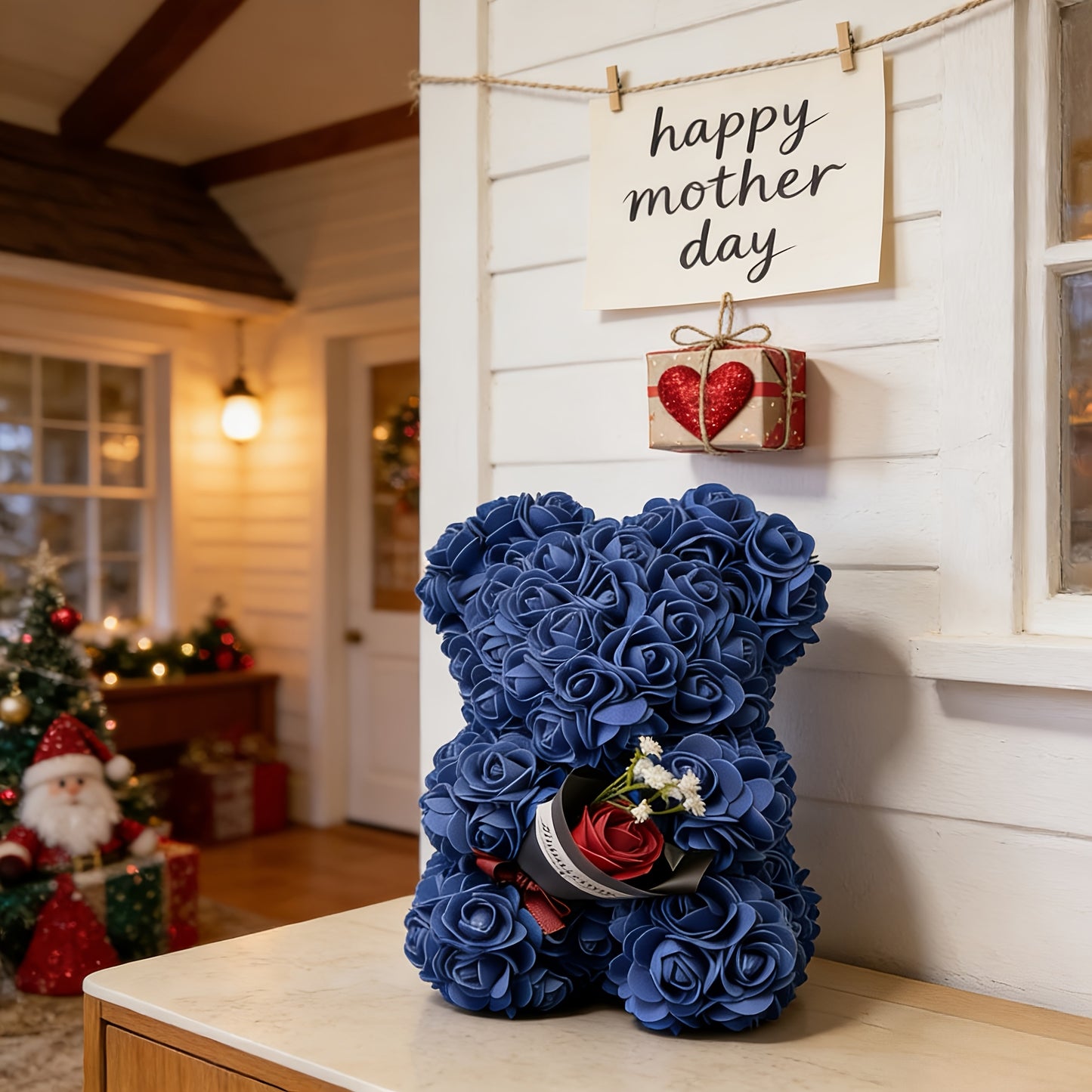 Presente Urso de Rosas do Dia da Mãe Urso de Peluche com Flor Artificial Decoração