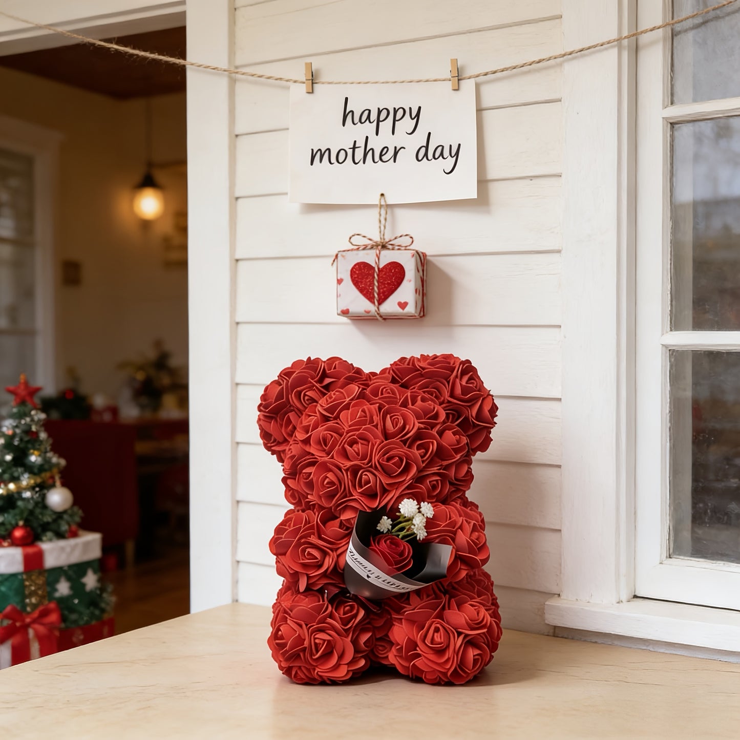 Presente Urso de Rosas do Dia da Mãe Urso de Peluche com Flor Artificial Decoração