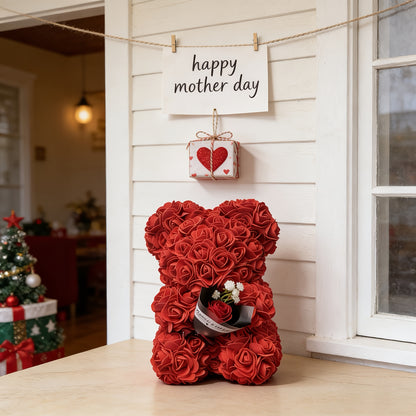 Presente Urso de Rosas do Dia da Mãe Urso de Peluche com Flor Artificial Decoração