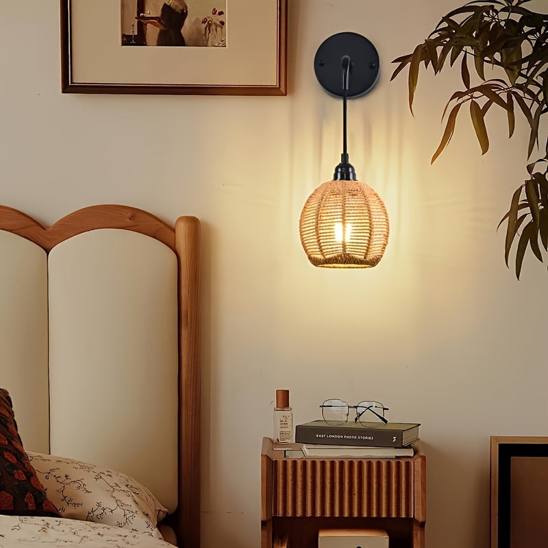 Boho Rattan Wandleuchte | Handgewebte Nachttisch- und Wohnzimmer-Wandleuchte