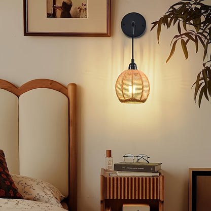 Boho Rattan Wandleuchte | Handgewebte Nachttisch- und Wohnzimmer-Wandleuchte