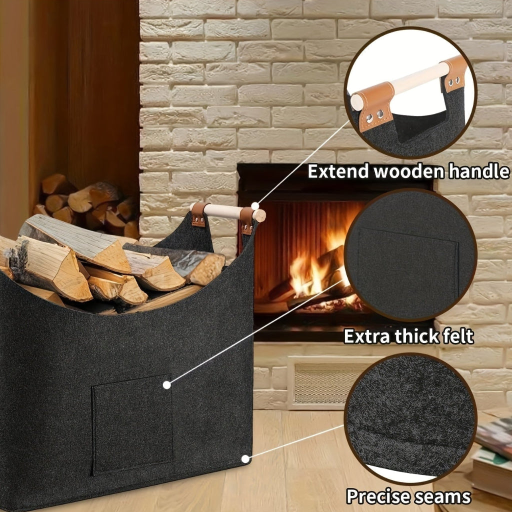 Firewood Carrier Leather Handles Felt Storage Bag - Image 2