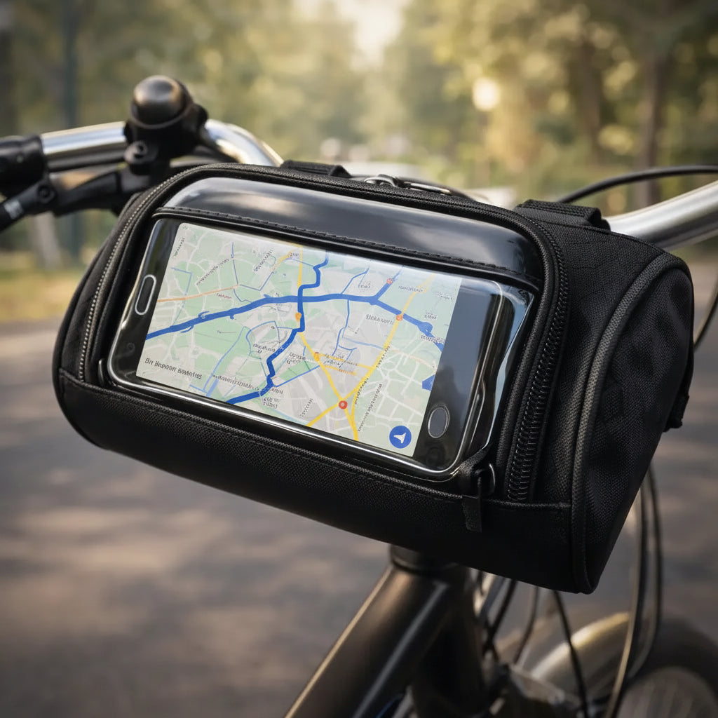 Geantă impermeabilă pentru ghidonul bicicletei, suport pentru telefon cu ecran tactil, spațiu de depozitare