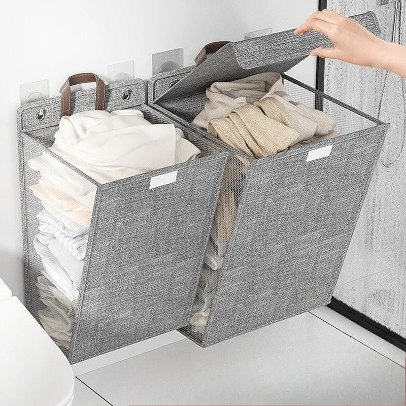 Wallora | Cesto de Roupa Adesivo Dobrável | Organizador e Cesto de Roupa Montado na Parede