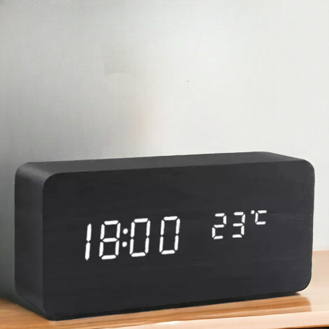 Relógio Despertador Inteligente LED | Design Moderno em Madeira com Controlo por Voz
